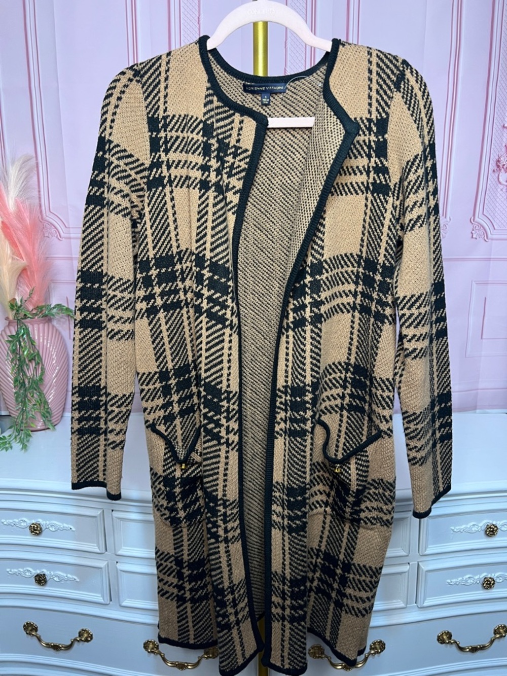 Adrienne Vittadini Plaid Open-Front Long Cardigan in Camel and Black